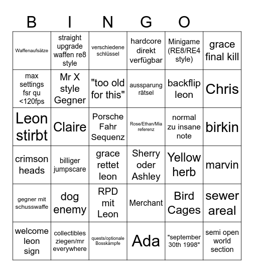 RE9 Shot Bingo Card