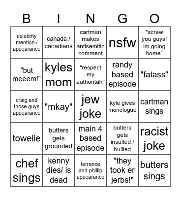 south park bingo Card