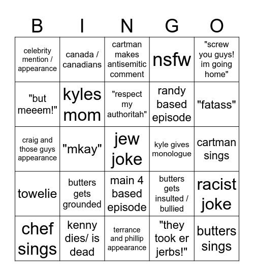 south park bingo Card