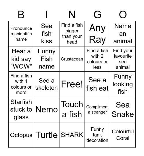 Aquarium Bingo Card