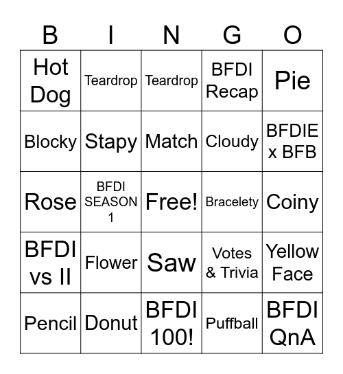 BFDI Bingo Card
