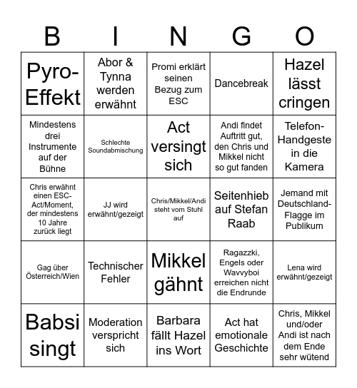 ESC 2026 Vorentscheid Bingo Card