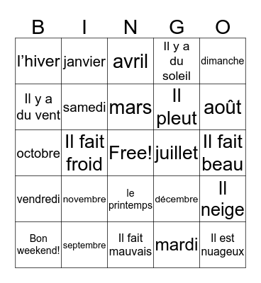 French Topic#5 Bingo Card