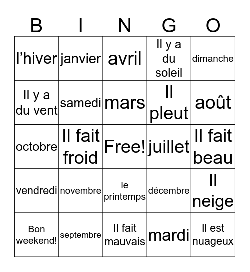 French Topic#5 Bingo Card