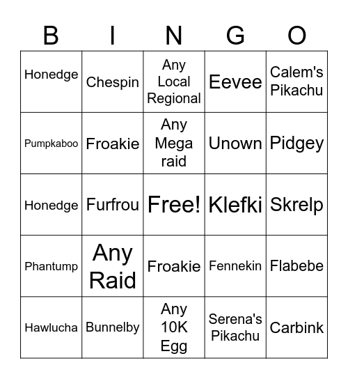 Kalos Bingo Card