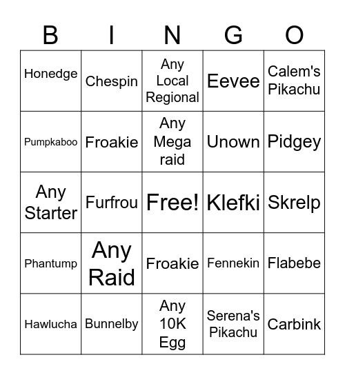 Kalos Bingo Card