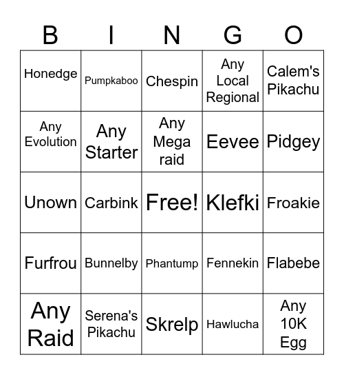 Kalos Bingo Card