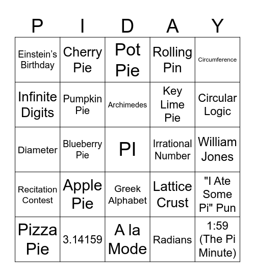 Midas Creek PI Day Bingo Card
