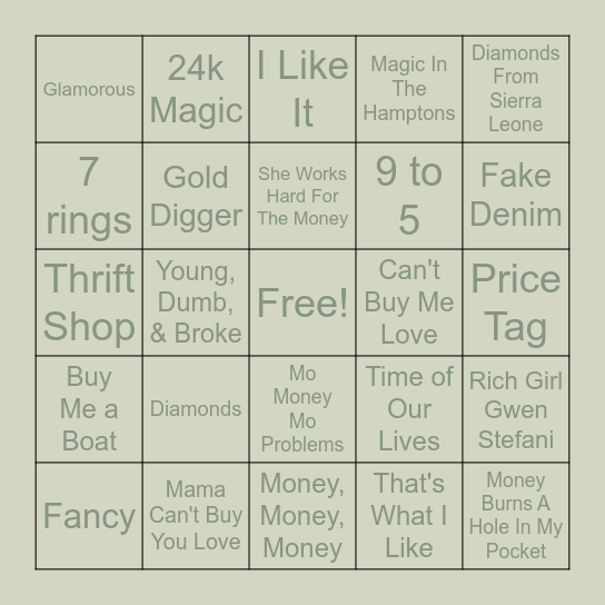 M o '   M o n e y   M o '   M u s i c Bingo Card