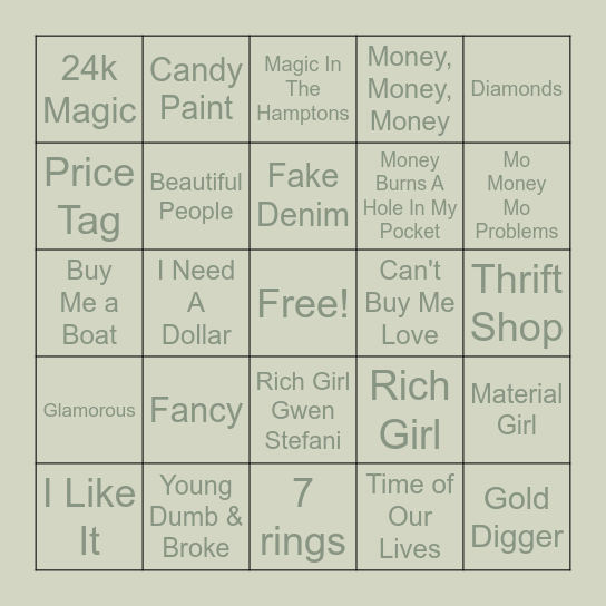 M o '   M o n e y   M o '   M u s i c Bingo Card