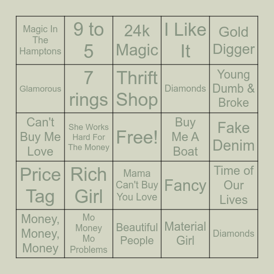 M o '   M o n e y   M o '   M u s i c Bingo Card
