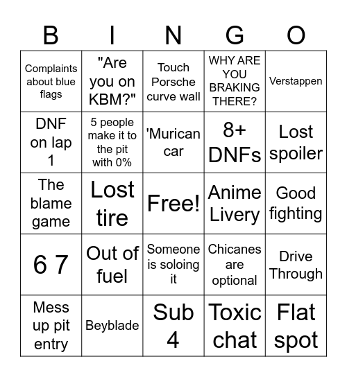 Le Mans Again Bingo Card
