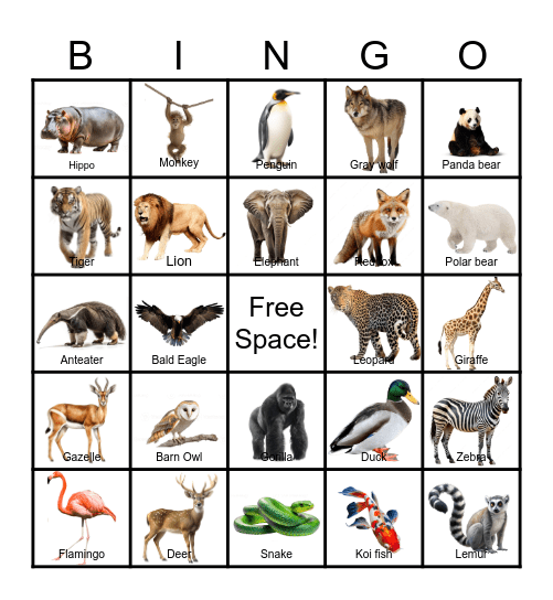 Animal Bingo Card