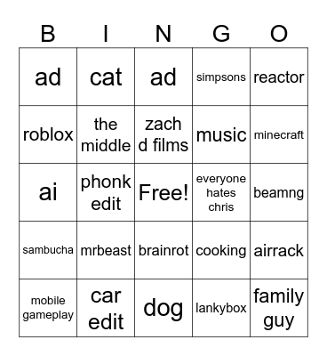 youtube shorts Bingo Card