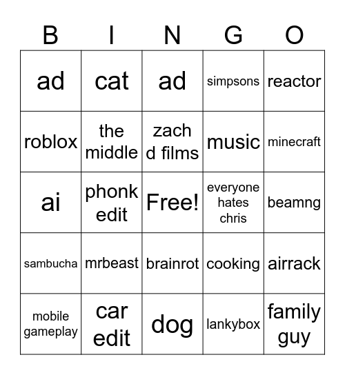 youtube shorts Bingo Card