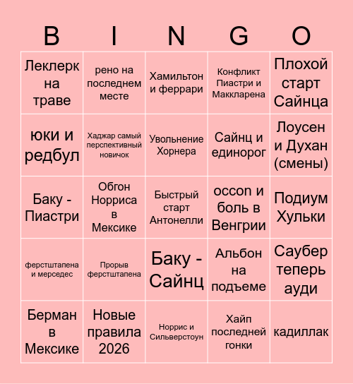 Drive to survive Bingo Card