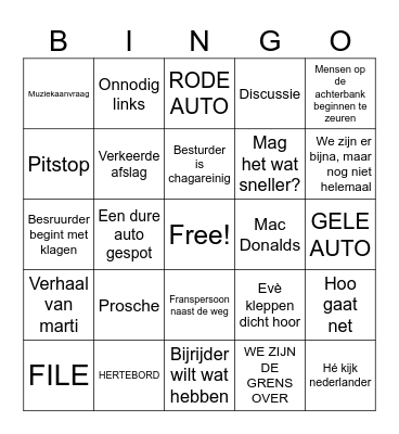 Bingo voor tijdens het rijden Bingo Card