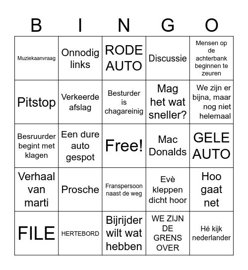 Bingo voor tijdens het rijden Bingo Card