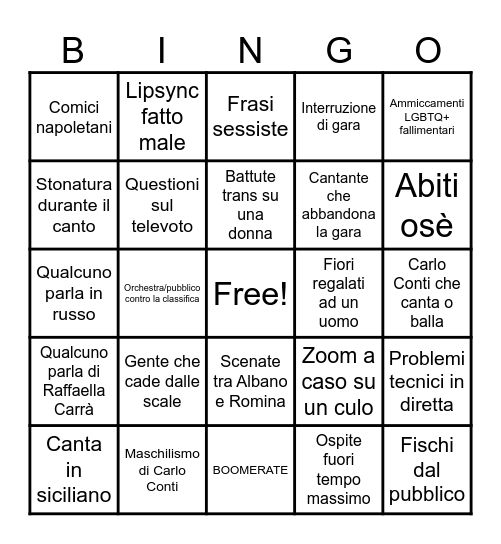 Sanremo 2026 Bingo Card