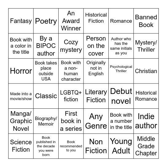 Book Nook Bingo Card