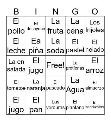 Spanish bingo,foods Bingo Card