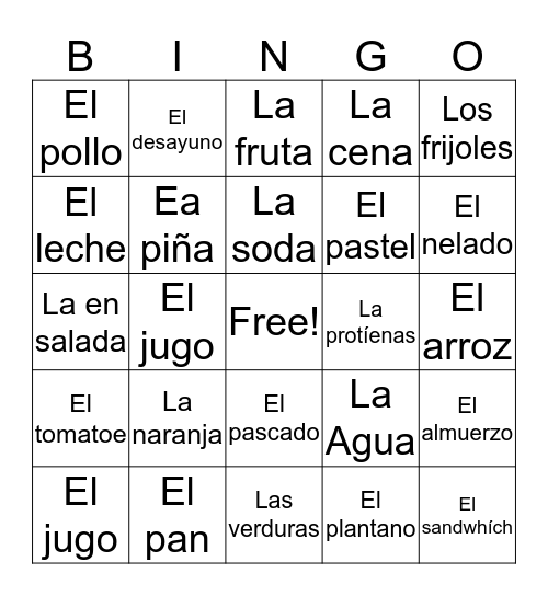 Spanish bingo,foods Bingo Card