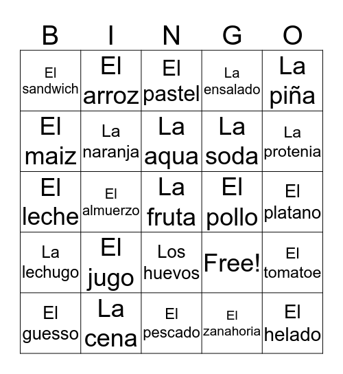 La Comida  Bingo Card