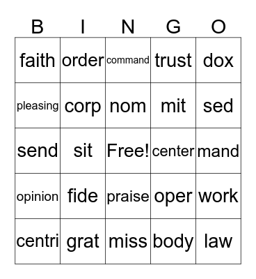 Latin Roots Quarter 3 Weeks 1/2 Bingo Card