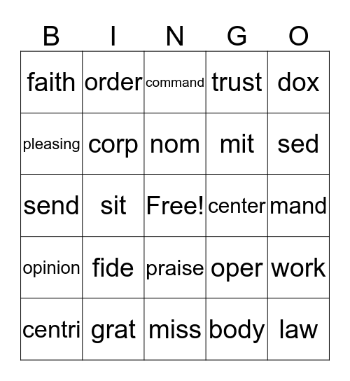 Latin Roots Quarter 3 Weeks 1/2 Bingo Card