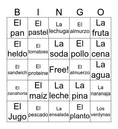 Spanish Bingo Card
