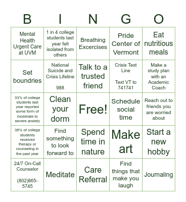 Mental Health Bingo Card