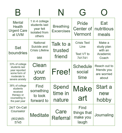 Mental Health Bingo Card