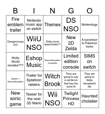 Nintendo direct Bingo Card