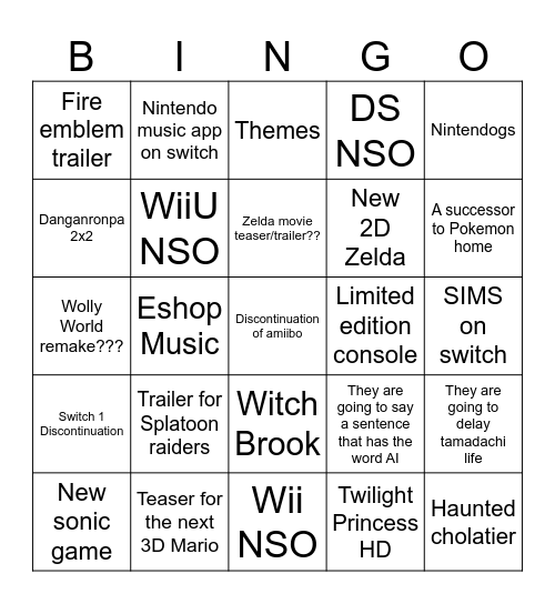 Nintendo direct Bingo Card