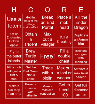 Minecraft Hardcore Bingo Card