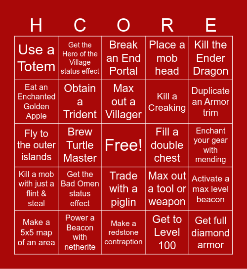 Minecraft Hardcore Bingo Card
