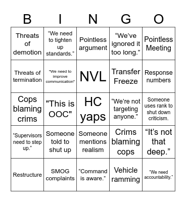 PD OOC meeting Bingo Card