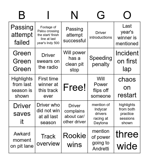 IndyCar St. Petersburg 2026 Bingo Card