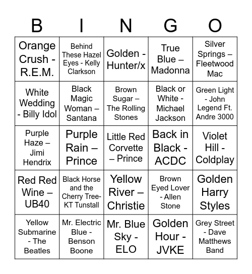 Colorful Tunes Bingo Card