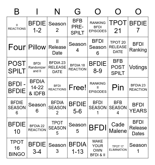 BFDI SEASONS (As of BFDIE 9) Bingo Card