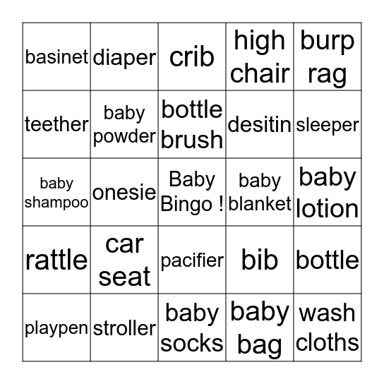 Baby Shower Bingo Card