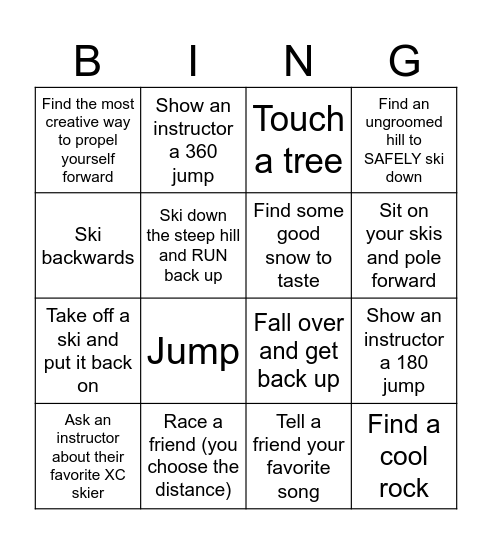 XC Ski Bingo Card