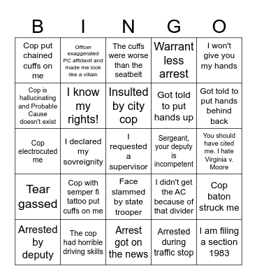 American arrest Bingo Card