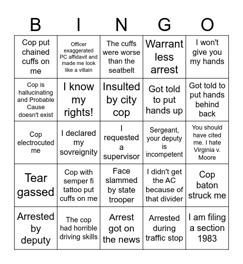 American arrest Bingo Card