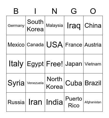 Countries Bingo Card