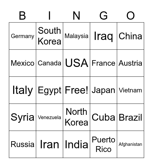 Countries Bingo Card