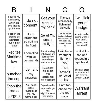 American arrest #2 Bingo Card