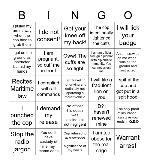 American arrest #2 Bingo Card