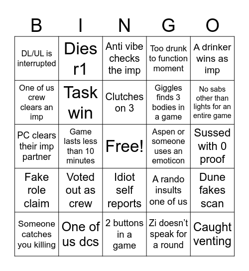 Among Us drinking game Bingo Card