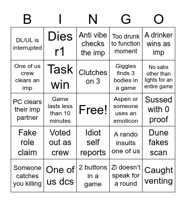 Among Us drinking game Bingo Card